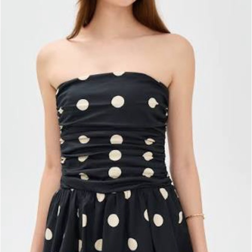 Reformation Black Strapless Dress with Cream Polka Dots - Picture 2 of 4